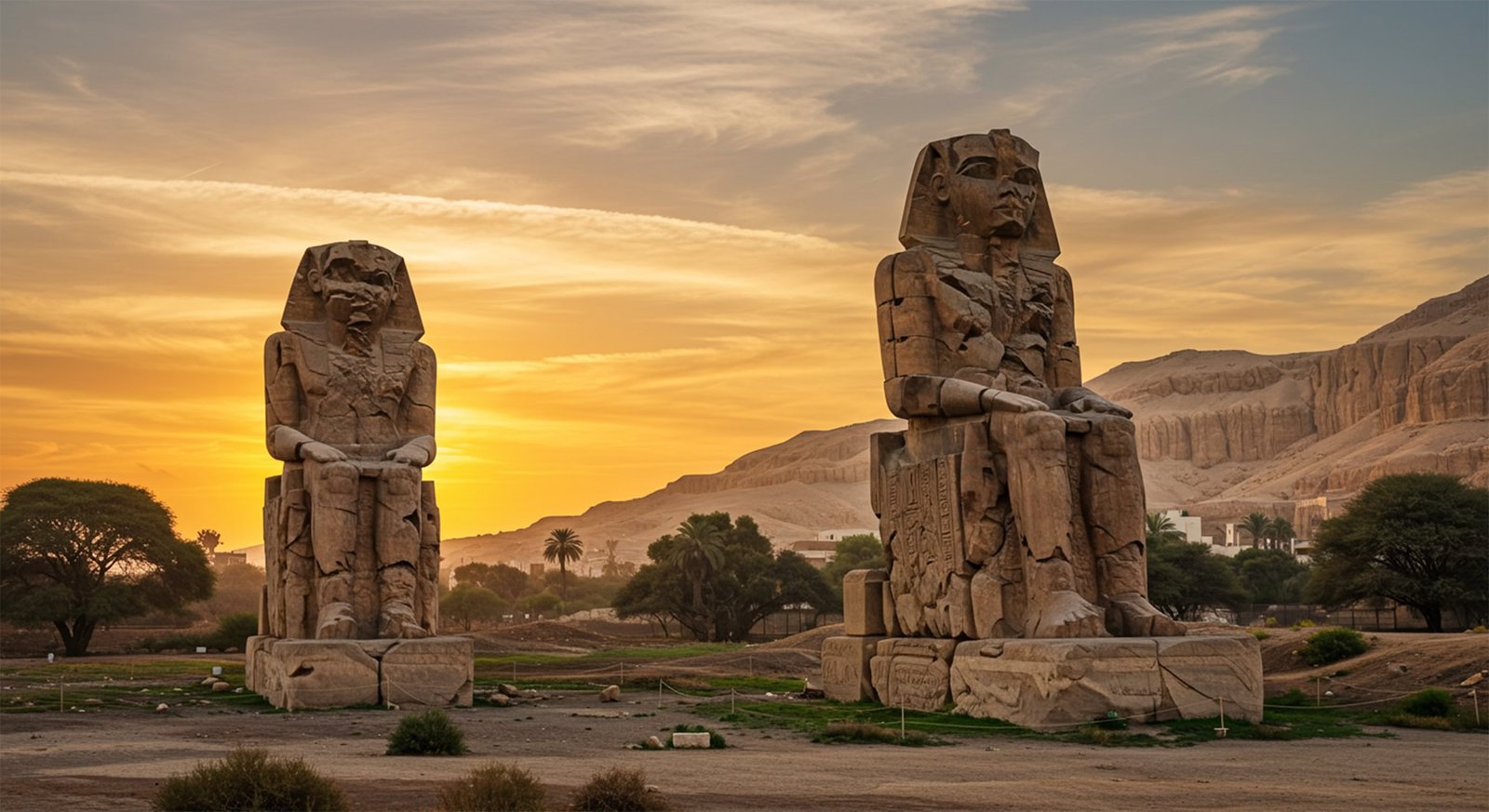 Estatuas colosales de Memnon con esculturas de faraones y jerogl&iacute;ficos en Luxor